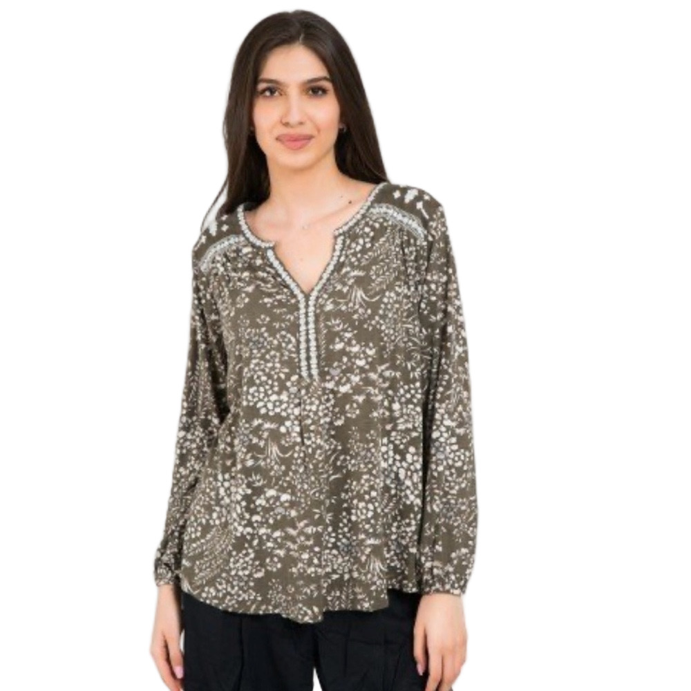 Lucky Brand Olive Floral Blouse